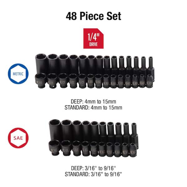 1/4 in. Drive SAE and Metric Impact Socket Set (48-Piece)