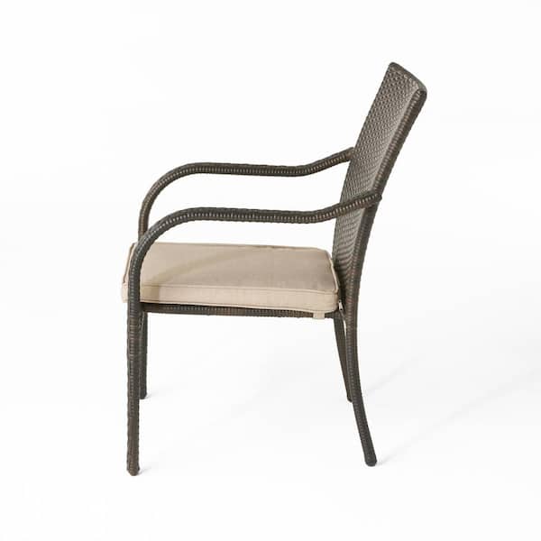 San Pico Brown Stackable Faux Rattan Outdoor Patio Dining Chairs with Textured beige Cushions (Set of 4)