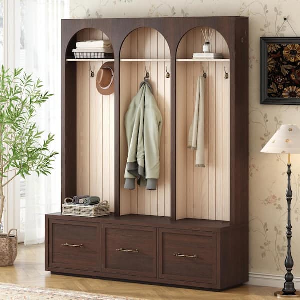 木製ラック・ウッドラック GUIDEL 3DRAWER CHEST UOI Dark Walnut MDF Hall Tree with Arched Design, 8 Hooks, 3