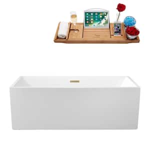 66 in. x 32 in. Acrylic Freestanding Soaking Bathtub in Glossy White With Brushed Brass Drain