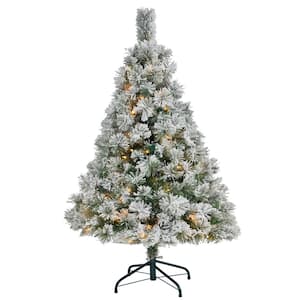 4 ft. Flocked Oregon Pine Artificial Christmas Tree with 100 Clear Lights and 215 Bendable Branches