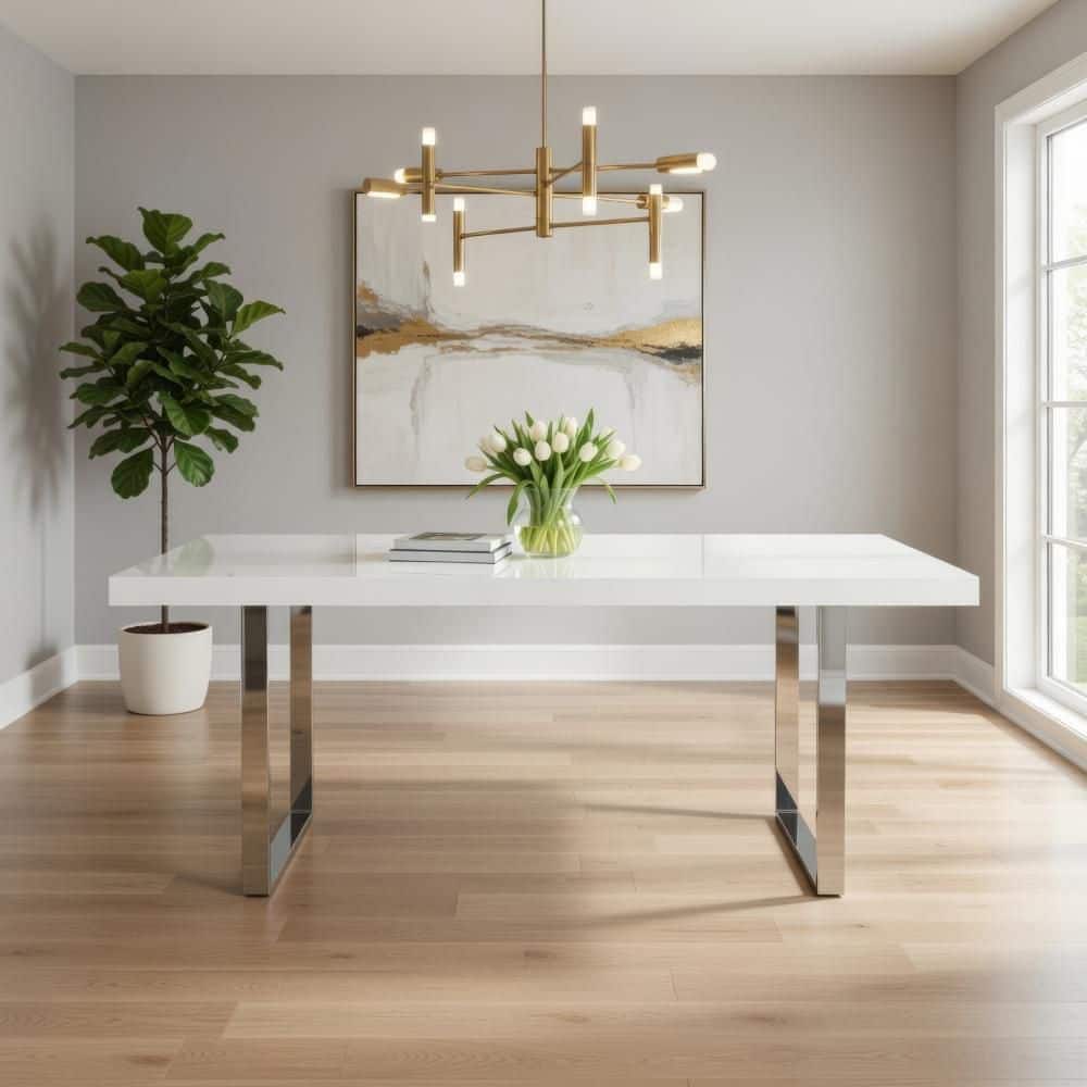 Benjara Ien White and Chrome Metal 36 in. Trestle Dining Table Seating ...