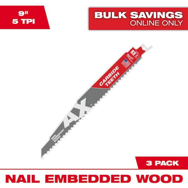 9 in. 5 TPI AX Carbide Teeth Demolition Nail-Embedded Wood Cutting SAWZALL Reciprocating Saw Blades (3-Pack)