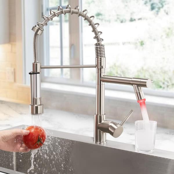 Single Handle Pull Out Sprayer Kitchen Faucet with LED Light Deckplate Not Included in Brushed Nickel
