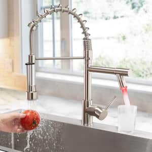 Single Handle Pull Out Sprayer Kitchen Faucet with LED Light Deckplate Not Included in Brushed Nickel