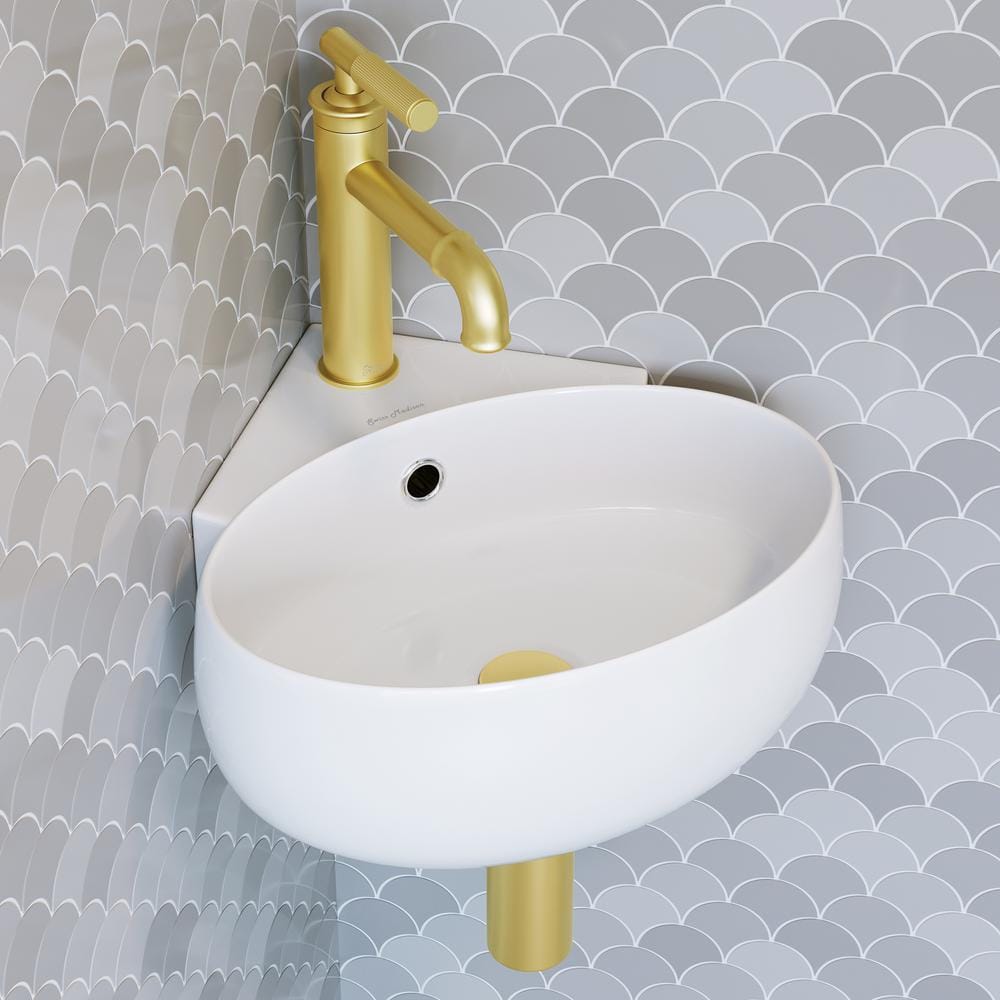 White Ceramic Corner Wall-Mount Vessel Sink