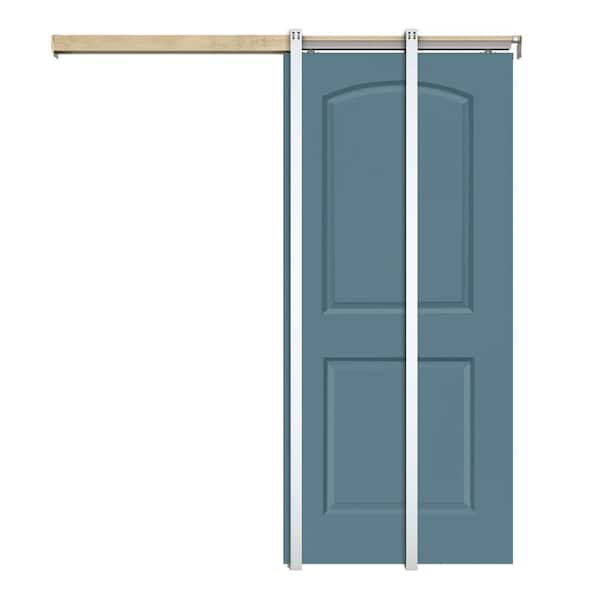 CALHOME 30 in. x 80 in. Dignity Blue Painted Composite MDF 2Panel Round Top Sliding Door with Pocket Door Frame and Hardware Kit