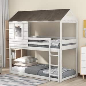 Harper & Bright Designs White Twin Over Twin Wood House Bunk Bed With ...