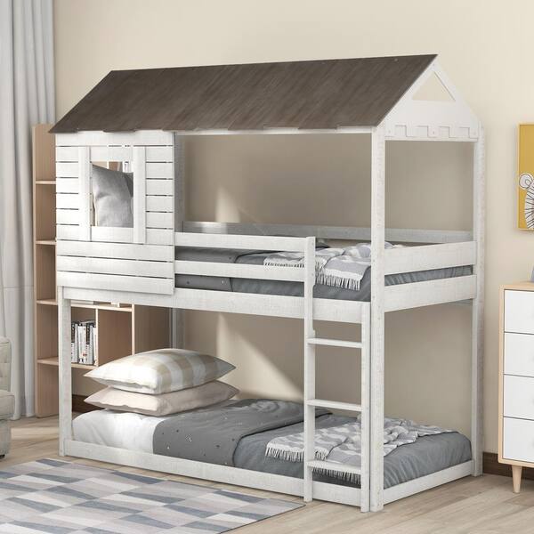 Harper & Bright Designs Antique White Twin Over Twin Wood Bunk Bed with ...