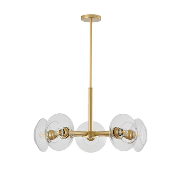 FIRHOT 5 Light Gold Modern Chandelier for Living Room with Clear Glass Shades (Bulb Not Included)