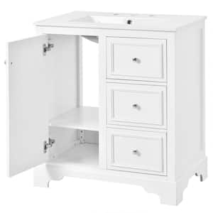 30 in. W Freestanding Bath Vanity Cabinet in White with White Ceramic Basin Top, 3-Drawers and Adjustable Shelves