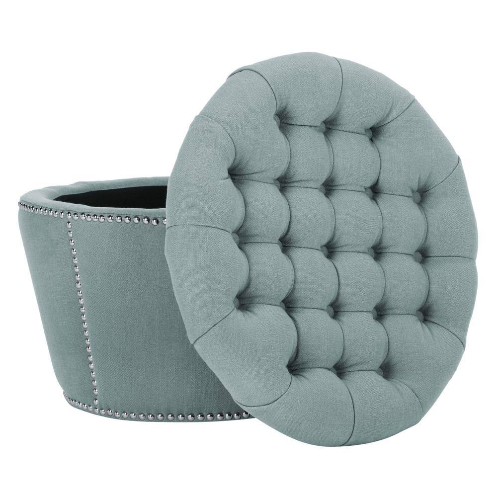 Sky Blue Tufted Round Linen Storage Ottoman