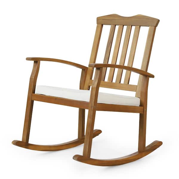 Noble House Welby Teak Wood Outdoor Rocking Chair with Beige Cushion