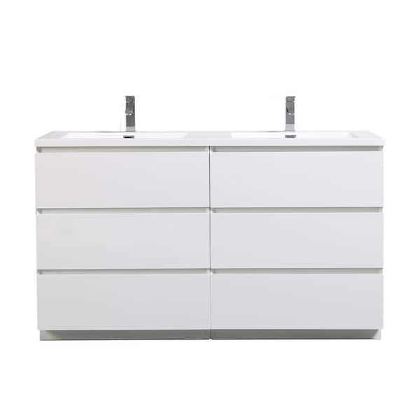JimsMaison 60 in. W x 19.5 in. D x 34 in. H Freestanding Bath Vanity in HG White with White Cultured Marble Top and Double Basin