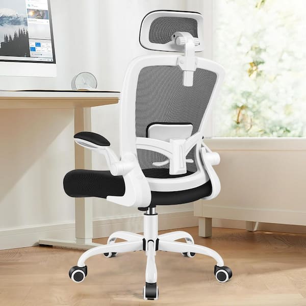 Fabric Cushioned Ergonomic Chair in White with Breathable Mesh Fabric, Adjustable Armrests, SGS Certification