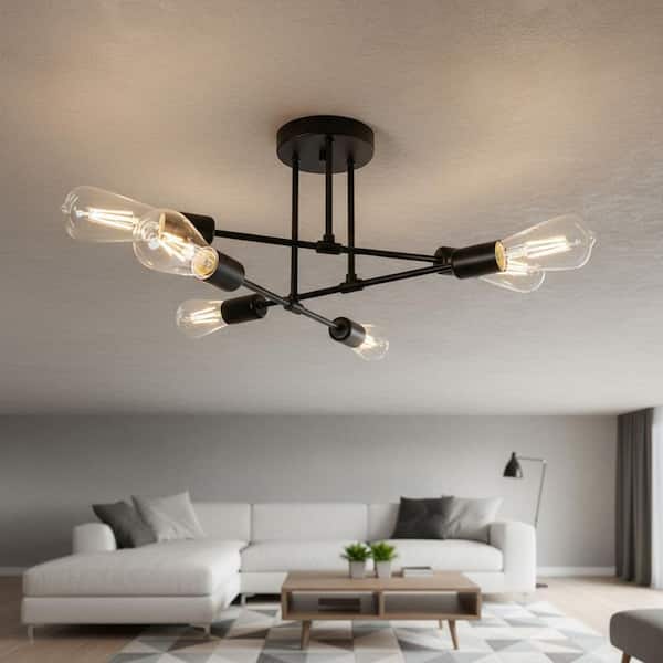 6-Light Foyer Lighting Fixtures, Black Sputnik Modern Linear Semi Flush Mount Ceiling Light Fixture for dining room