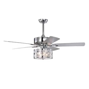 52 in. Indoor/OutdoorElegant Ceiling Fan Light with Remote, Crystal Chandelier Fan 5 Chrome Reversible Wood Blades