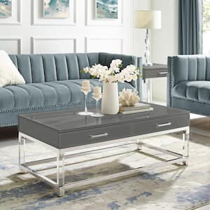 Caspian 48 in. Dark Gray/Chrome Large Rectangle Wood Coffee Table with 2-Drawers