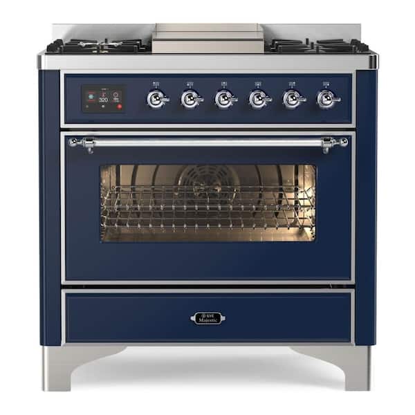 Majestic II 36 in. Single Oven Dual Fuel Range with 6 Sealed Burners, Glass Door, Chrome Trim in Midnight Blue