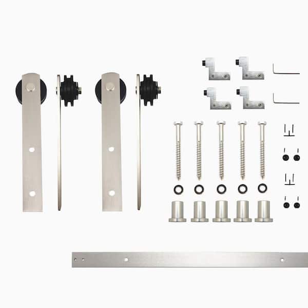 HOMACER 7 ft./84 in. Brushed Nickel Non-Bypass Sliding Barn Door Hardware Kit Straight Design Roller for Double Doors