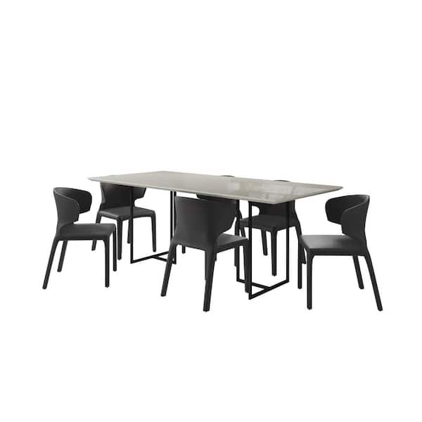 Manhattan Comfort Celine and Conrad 7-Piece Off White and Black Glass Top Dining Room Set (Seats-6)