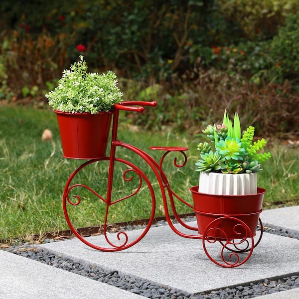 Glitzhome 28.75 in. L Oversized Red Metal Bicycle Plant Stand (KD