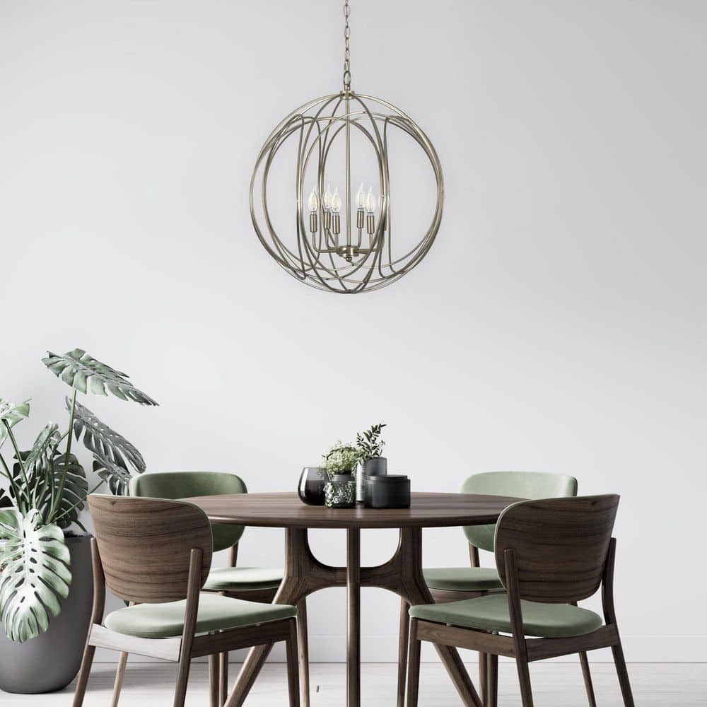 Satin Brass 6-Light Globe Chandelier with Adjustable Height
