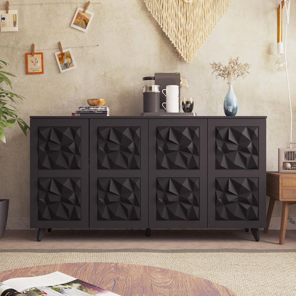 FUFU&GAGA Black 33.5 in. H Accent Storage Cabinet with 4 Shelves, Sideboard Buffet Cabinet, Carved Doors