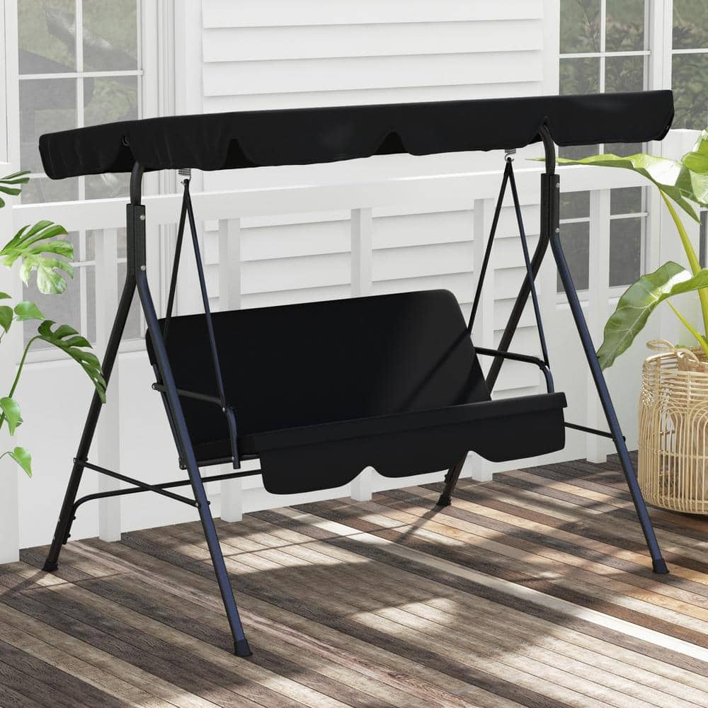 Black Steel Frame 3-Person Outdoor Patio Swing with Adjustable Canopy