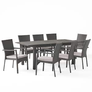 Davenport Grey 9-Piece Wood and Faux Rattan Outdoor Dining Set with Grey Cushions