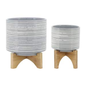 Gray Ceramic Cachepot Planters with Wood Stands (2-Pack)