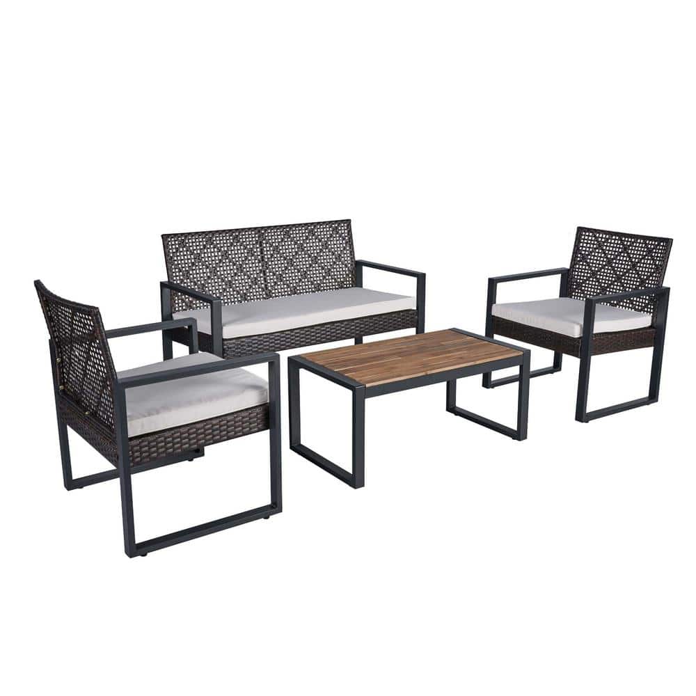 4-Piece Breathable Wicker Patio Conversation Set with Beige Cushions and Re