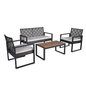4-Piece Breathable Wicker Patio Conversation Set with Beige Cushions and Rectangular Acacia Wood Top Table