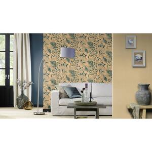 Illustrated Peacocks Wallpaper Gold & Teal Paper Strippable Roll (Covers 57 sq. ft.)