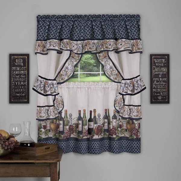 ACHIM Chateau Navy Polyester Light Filtering Rod Pocket Cottage Curtain Set 57 in. W x 24 in. L