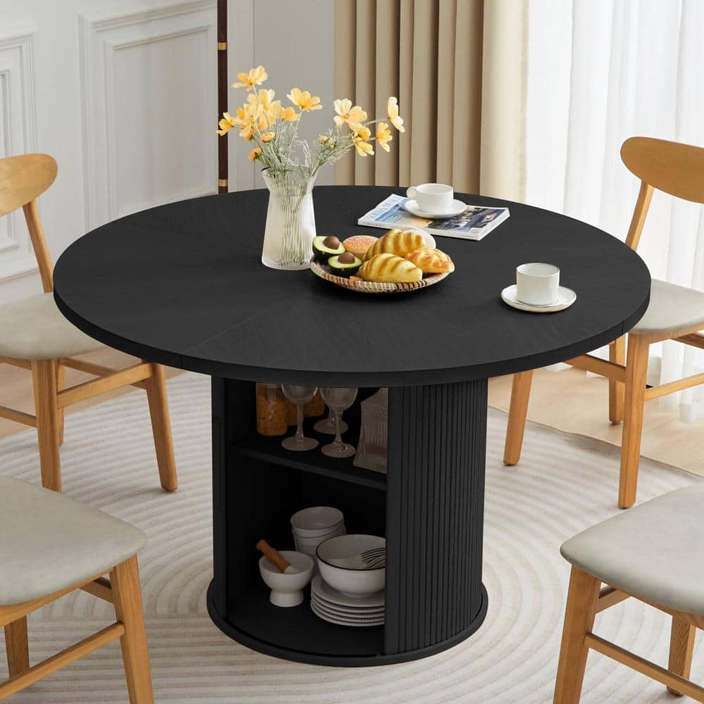 ATHMILE Round Pedestal Dining Table, 47 in. Black Wood with