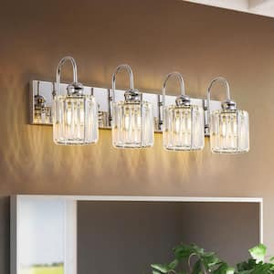 Mason 28 in. 4-Light Modern Glam Chrome Luxury Wall Sconce Linear Dimmable Vanity Light with Clear Crystal Shade