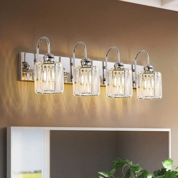 RRTYO Mason 28 in. 4-Light Modern Glam Chrome Luxury Wall Sconce Linear Dimmable Vanity Light with Clear Crystal Shade