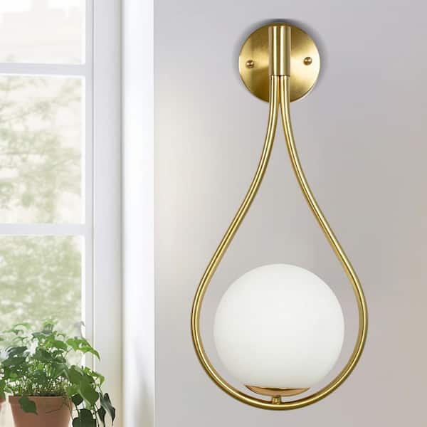 7.87 in. Gold 1-Light Wall Sconce with Water Drop Design and Global Frosted Glass Shade for Bedroom Bedsides