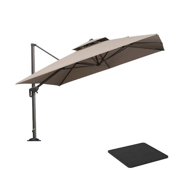 PURPLE LEAF 11 ft. Square 2-Tier Aluminum Cantilever 360° Rotation Patio Umbrella with Base Plate, Beige