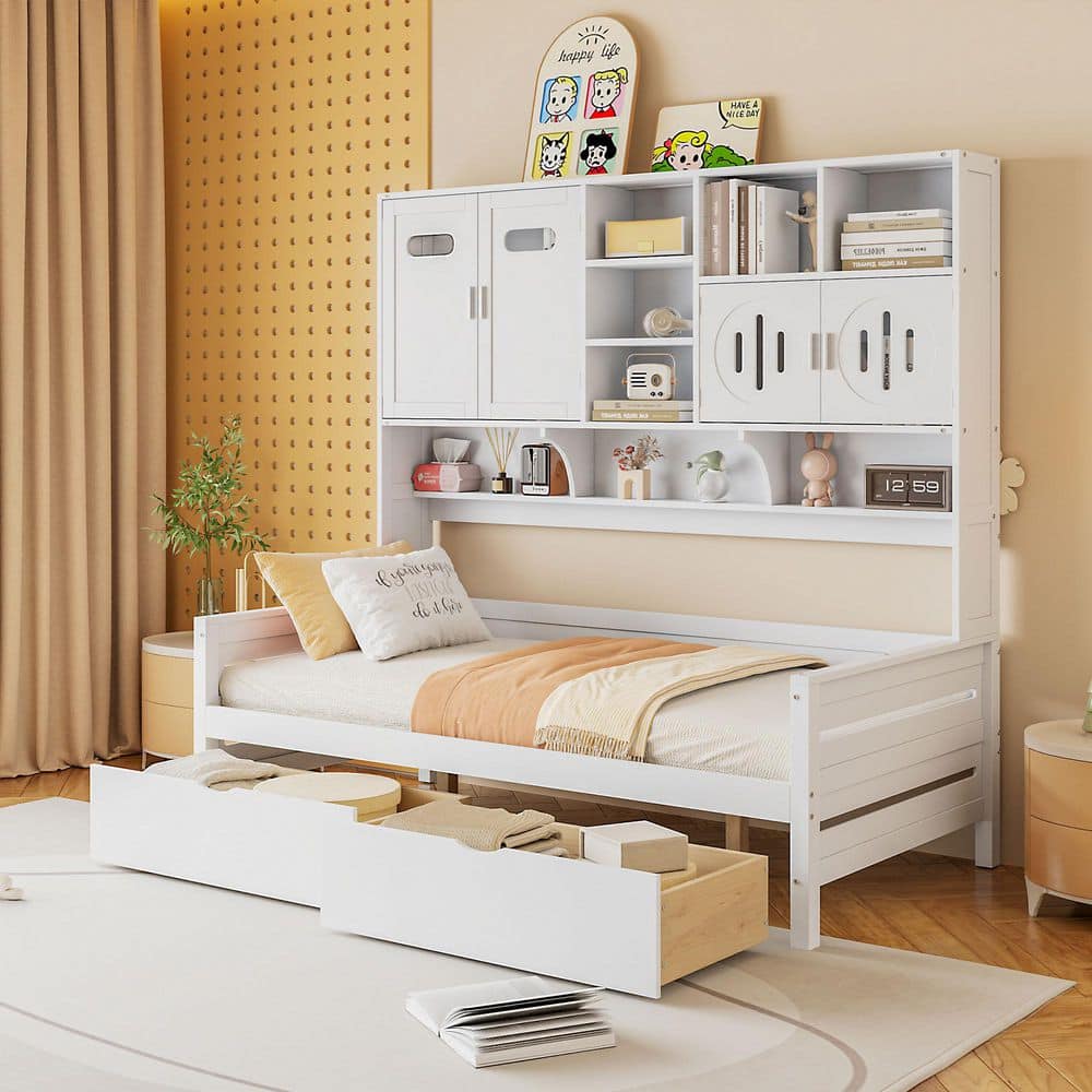 White Twin Size Wooden Daybed with All-in-One Cabinet, 2-Drawers and Shelf price history on PriceWatchPro