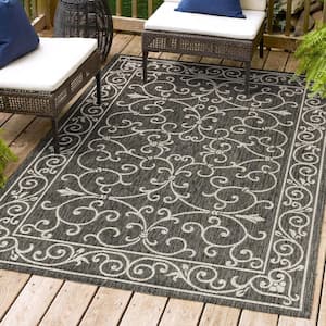 Charleston Vintage Filigree Black/Gray 3 ft. 1 in. x 5 ft. Textured Weave Indoor/Outdoor Area Rug