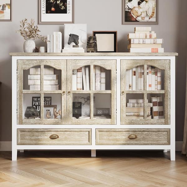FUFU&GAGA White & Wood Grain 35.4 in. H Accent Storage Cabinet, Sideboard, TV Console with 4-Shelf, 3 Glass Doors & 2-Drawer
