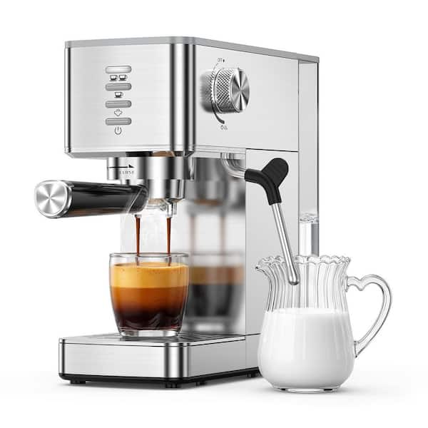 2-Cup Stainless Steel Silver Espresso Coffee Maker with Space Saving Design with Milk Frother Steam Wand