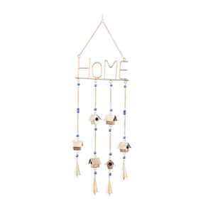 33 in. Gold Metal Geometric Indoor Outdoor Home Windchime with Glass Beads and Bells