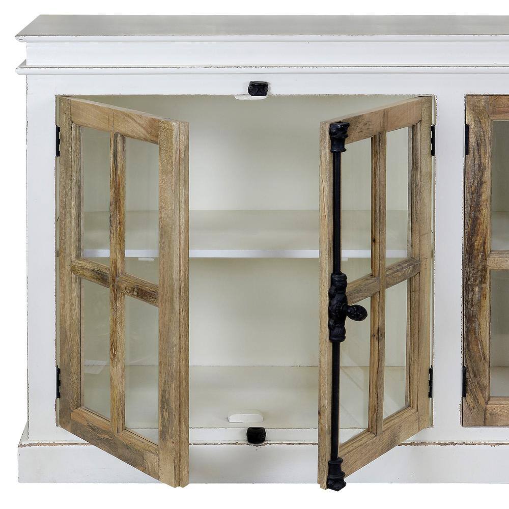 Two-Toned White and Natural Mango Wood Credenza with Tempered Glass