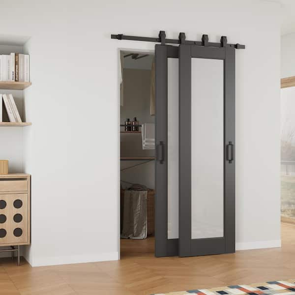 40 in. x 80 in. (Double 24 in.) 1-Lite Frosted Glass Black Primed MDF Sliding Barn Door with Hardware Kit Bypass