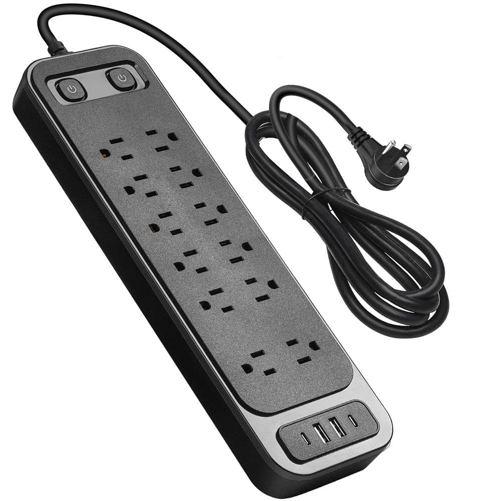 6 ft. Black Power Strip Surge Protector with 12 Outlets and 4 USB Ports (2 