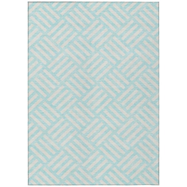 Aqua, Ivory 10 ft. x 14 ft. Woven Geometric Polyester Rectangle Indoor/Outdoor Area Rug