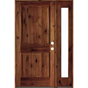 50 in. x 80 in. Knotty Alder Square Top Left-Hand/Inswing Clear Glass Red Chestnut Stain Wood Prehung Front Door w/RFSL